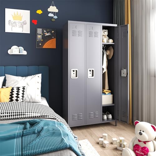 IKIMI Metal Locker 3 Doors Storage Lockers for Employee,72" Tall Locker Cabinet with Shelves and Hooks Steel Sports Staff Locker for Office School Office Gym Home Bedroom Garage