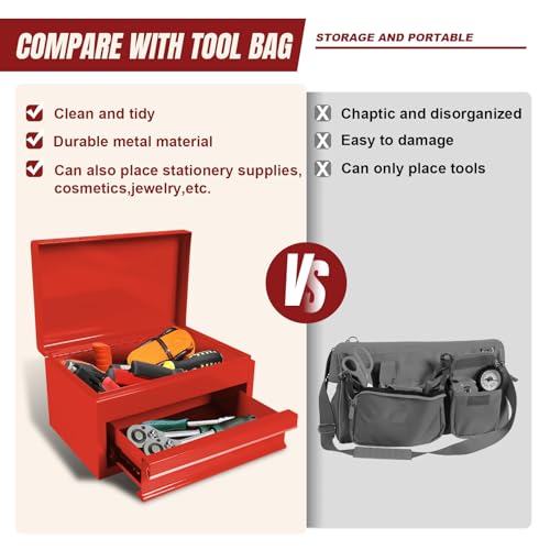 Torin APBT701RB 10" Mini Portable Steel Tool Box with drawer,Small Metal Tool Chest for Home,Garage or Workbench,Red