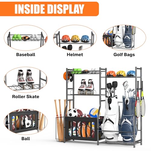 TORACK Golf Bags Stand with Ball Storage, Large Capacity Garage Sports Equipment Organizer, Indoor Toys Storage