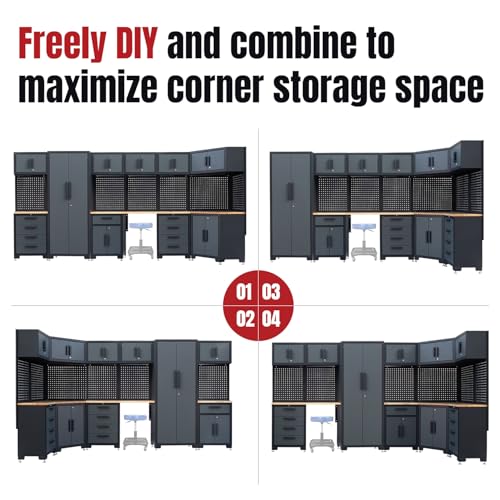 HPDMC 15-Piece Corner Garage Storage Cabinet System - Heavy Duty Workshop Set w/Corner Cabinet Includes Workbench, Pegboard & Lockable Drawers | Metal Tool Organization System for Garage/Workshop