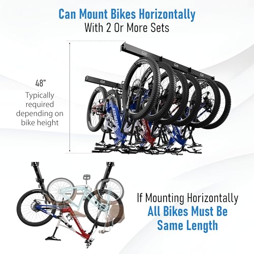USA Based Ceiling Bike Rack Garage Storage Mount, Bicycle Hanger For Up To 6 Bikes, Sliding 51" Heavy Duty Hook Racks With Padded Hanging Mounts, Hooks Hangers (Black, 3 Rails - 6 Hooks)