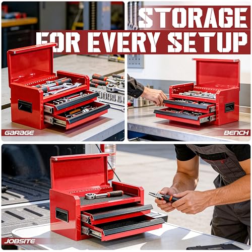 OLY-PRO Mini Toolbox with 2 Drawers and Top Storage, Durable Steel Construction with Ball-Bearing Slides, Multi-Purpose Portable Tool Boxes Case Organizer for Garage, Red