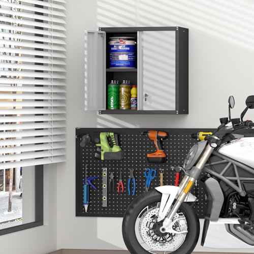 STEELIST Steel Wall Cabinet, Heavy Duty Hanging Garage Storage Cabinet with Adjustable Shelf & Locking Doors, Wall Mounted Metal Garage Cabinet for Workshop, Utility Room, Shed, Black/Grey