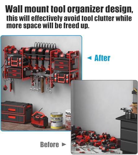 CCCEI Red Power Tool Organizer Wall Mount, Large Tools and Battery Storage Rack Charging Station Individual Switches. Drills Holder, Garage Utility Shelves with 6FT Power Strip. Gift for Men.