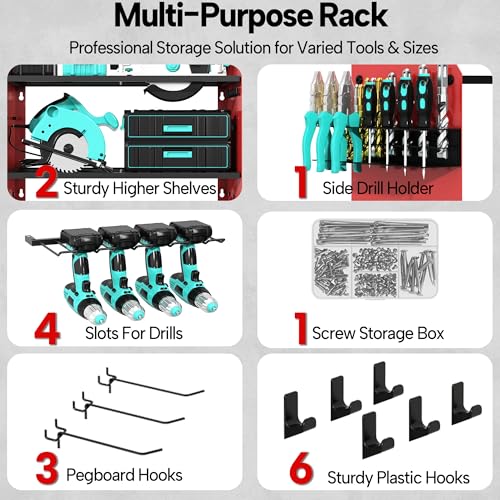 CFMASTER 3 Layer Heavy Duty Power Tool Organizer Wall Mount with Charging Station, Adjustable Metal Storage Rack, 6 Outlets Power Strip, Drill Holders, Hooks & Drill Bit Rack for Garage, Workshop, Red