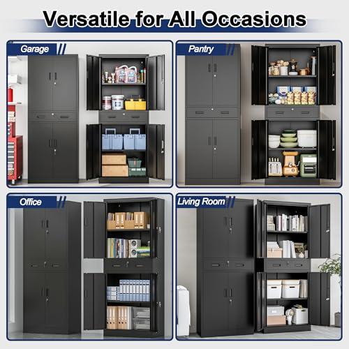 BESFUR Metal Storage Cabinet with a Drawer 4 Doors and 2 Adjustable Shelves Garage Storage Cabinet with Lock 71" Office Storage Cabinets Locking Cabinets for Garage Office Shop Home (Black)