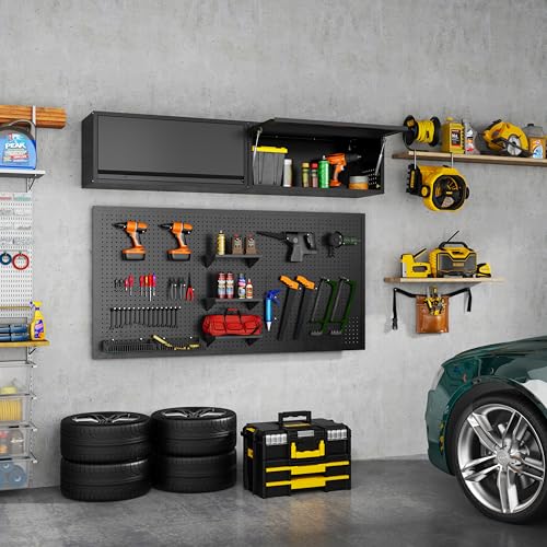 Yoonkool Metal Garage Wall Cabinet, Floating Garage Tool Cabinets with Up-Flip Door,13.8''H Hanging Wall Mounted Storage Cabinet for Garage, Warehouse, Kitchen, Bathroom, Workshop, RV, Black