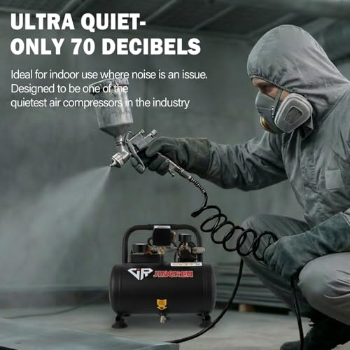 JIR JINGREN 1HP Quiet Air Compressor,1 Gallon Steel Tank, 1.65CFM @ 90PSI Oil Free Air Compressor & Max. 120PSI Pressure for Tire Inflation,Nailing,Home DIY Project(With Accessories Kit)