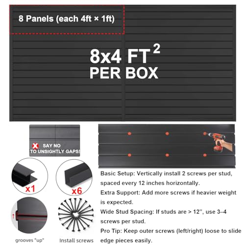 FRAYSCENT Slat Wall Paneling Garage Wall Organizer, Slatwall Panels Garage Tool Organizer Wall Mount Garage Slat Wall Storage Systems, Slat Board PVC Wall Panels Garage Storage (Black, 8ftx4ft)