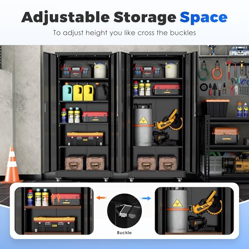 INTERGREAT Metal Storage Cabinet with Wheels, 73" Garage Storage Cabinets with Door and 4 Shelves, Tool Storage Locker on Caster for Home, Office, Black