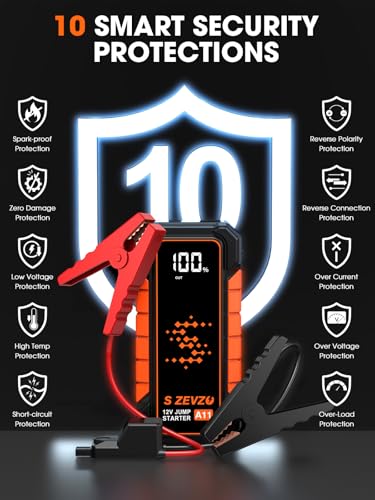 S ZEVZO A11 Jump Starter, Upgraded 5000A Car Battery Jumper Starter Portable (10.0L Gas & 7.0L Diesel Engines) with Booster 12V Lithium Jump Box with USB Charger, LCD Display, Flashlight, and Case