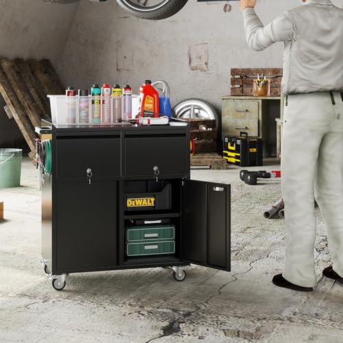 Aobabo Rolling Metal Storage Cabinet with Wheels, Heavy Duty Steel Garage Tool Cabinet with 2 Drawers, Pegboard & 4 Hooks, Lockable Mobile Organizer with Adjustable Shelves, Black, Assembly Required