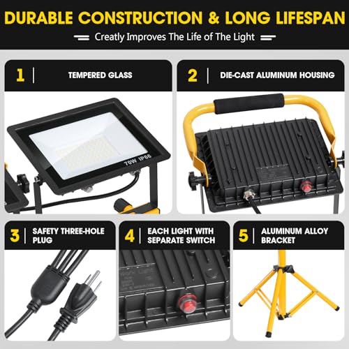 Zetunlo 21000Lumen LED Work Lights with Stand - 3 Head Portable Work Light with 16FT Cord - IP66 Waterproof Tripod Worklights for Outdoor Indoor Job Site Workshop Garage Construction Site Lighting