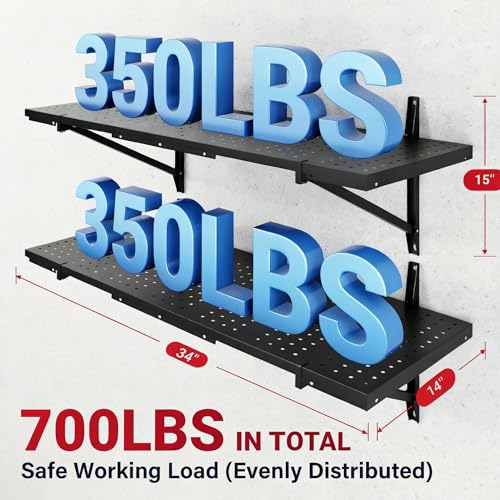 FLEXIMOUNTS 2-Pack 1x3ft Heavy Duty Garage Wall Shelving, Perforated Metal Garage Shelving Wall Mounted, 700 lbs Capacity, Garage Organization System for Tools, Bins & Space Saving