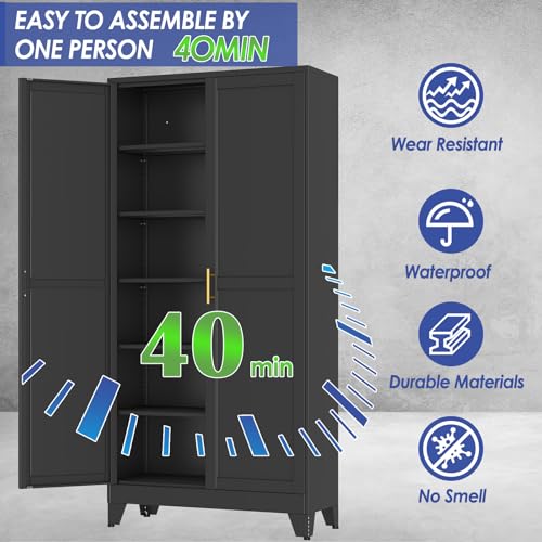 AUEYTVR 75" Metal Garage Storage Cabinet with 2 Doors and 5 Adjustable Shelves,Metal Storage Cabinets,Steel Tool Cabinets for Home,Office,Garage,Warehouse (Black, 75''H x 36''W x 18''D)