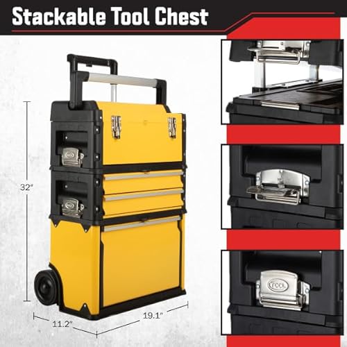 Rolling Tool Box with Wheels - Stackable Tool Box Organizer - Portable Metal Toolbox Tool Chest with Drawers for Garage Workshop by Stalwart (Yellow)