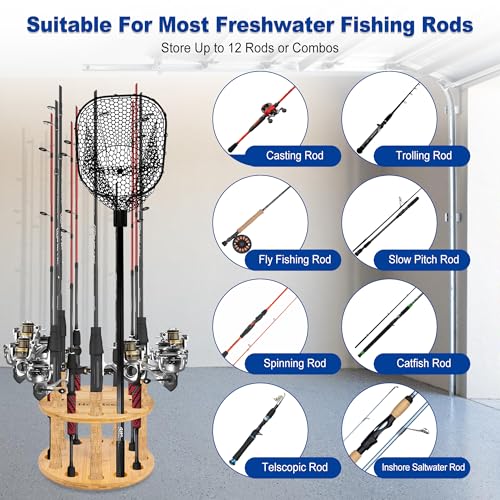 NBINGB Fishing Rod Holders for Garage 360 Degree Rotating Fishing Pole Rack, Floor Stand Holds up to 12 Rods Bamboo Wood Fishing Gear Equipment Storage Organizer, Fishing Gifts for Men