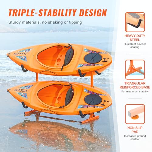 VEVOR Freestanding Kayak Storage Rack, Kayak Stand for 4 Kayak Canoe Paddleboard, Heavy-duty Steel Kayak Hanger Holder with Padded Arms and Adjustable Width, 220LBS Max Load, for Indoor Outdoor Garage