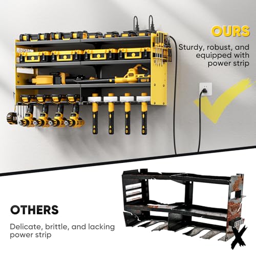 POKIPO Large Power Tool Organizer Wall Mount with Charging Station,4 Layer Heavy Duty Metal Storage Rack Loads 600lbs with 8 Cordless Drill Holder,Battery Utility Rack Gift for Garage workshops Room