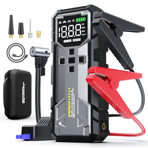 8000A Jump Starter with Air Compressor, 12V Jump Box for Car Battery (All Gas/10.0L Diesel) Portable Jumper Starter Pack with 150PSI Auto Tire Inflator, LCD Display, Lights & Booster Cable