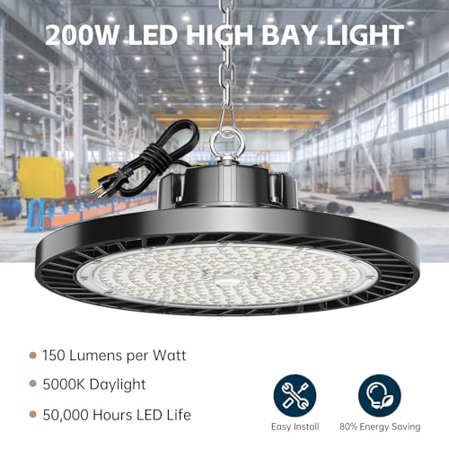 lvsdak UFO LED High Bay Lights 200W 30000LM 5000K 6 Pack with Plug Suitable for Warehouse Workshop Factory Gym Garage Barn AC100-277V