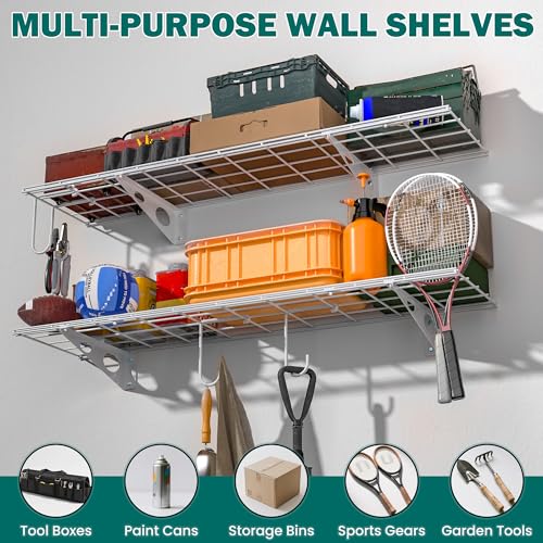 EVERHANGER Garage Wall Shelves, 12 X 48 Inch Wall Mounted Storage Shelves, Heavy Duty Metal Shelving with Hooks, 2 Pack, White