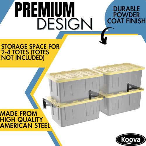 Koova Wall Mounted Tote Rack Storage System, Fits 27-Gallon Black and Yellow Commander Style Bins, Wall Mount Bracket Shelves for Garage Organization, Heavy Duty Steel, Made in USA (3-Piece Set)