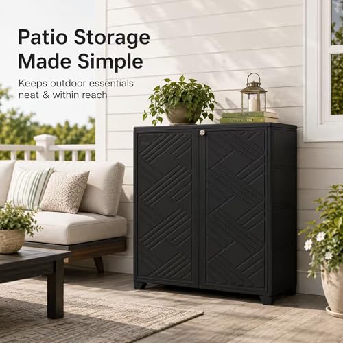 ADDOK Outdoor Storage Cabinet, 60 Gallon Waterproof Resin Patio Storage Cabinet with 1 Adjustable Metal Shelf and Double Doors, Weather-Resistant Organizer for Garden Tools, Pool Supplies and Toys