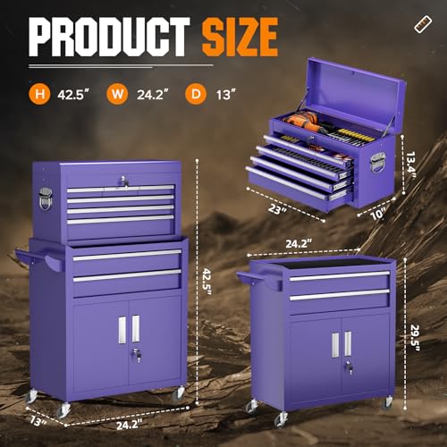 Oakcloud Lockable 8-Drawer Rolling Tool Chest & Cabinet Combo with Black Liner – Heavy-Duty Steel Garage Tool Box on Wheels – Detachable Top Toolbox & Bottom Storage Cart with Side Hooks, Purple