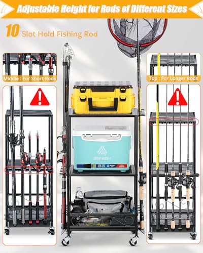EXTCCT Fishing Rod Holder - Fishing Pole Rack for 10 Rods - Adjustable Height Fishing Gear Equipment Organizer Storage Solution for Garage Basement or Indoor