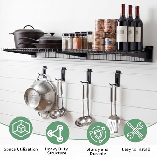 Noliven 4 Pack 23.6x16.3 Inch Slatwall Shelves, Carbon Steel Slat Wall Wire Shelf with 12 Hooks, 55 lbs Load Capacity Per Piece, Universal Slatwall Accessories for Retail, Garage, Home, Black