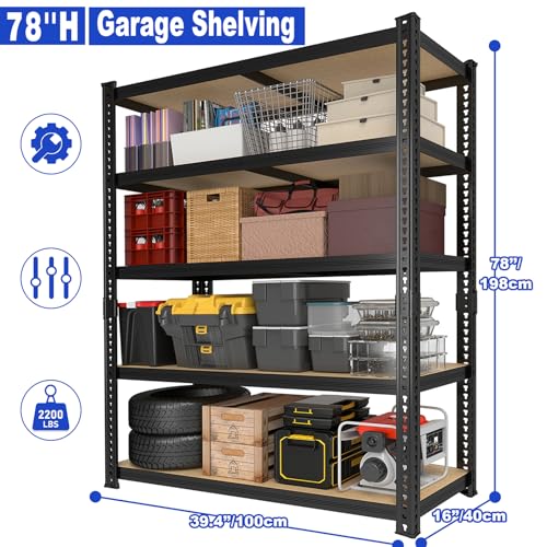 ZEUKMXOO 78'' H Garage Storage Shelves, Shelving Units and Storage, Heavy Duty Garage Shelving, Metal Shelves for Basement, Warehouse, Pantry, Kitchen, 78''H x 40''W x 16''D, 2200 LBS
