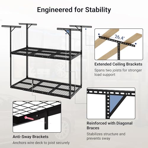 FLEXIMOUNTS 3x6 2-Tier Overhead Garage Storage Rack – Adjustable Heavy Duty Metal Garage Ceiling Storage Racks, 880 lbs Capacity – Garages Organization System for 9–15 ft Tall Garages, Black