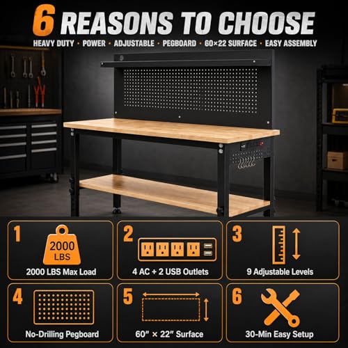 60'' Adjustable Workbench with Storage Shelf & Pegboard – Max Load 2000 LBS, Heavy Duty Rubber Wood Tabletop Tool Bench with AC/USB Outlet, Garage Organization, Work Benches for Workshop, Office
