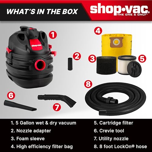 Shop-Vac 5 Gallon 6.0 Peak HP Portable Wet/Dry Vacuum, 1-1/2 Inch Diameter x 8 Foot Hose, 20 Foot Cord, Ideal for Jobsite, Garage, Workshop & Home