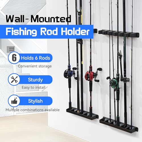 Tcakelox 2 Packs Fishing Rod Holder for Garage Vertical Wall-Mounted Stores 12 Rods or Combos Fits Most Rod Diameters (Vertical Black, 2 Pair 12 Rods)