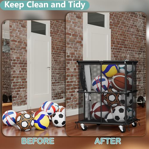 smusei Ball Storage Bin Rolling Sports Ball Storage Cart Garage Sports Equipment Organizer Rack with Wheels Outdoor Basket Ball Cage for Garage, School, Gym, Yoga Room