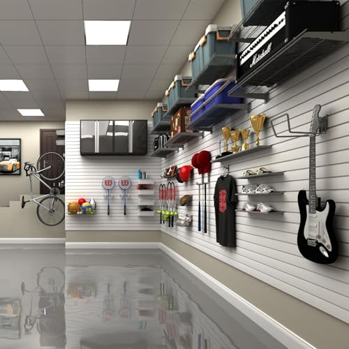 HUZJIEHUI 4'H x 4'W PVC Slatwall Panels Garage Wall Storage System, White Slat Wall Paneling Garage Organizers (Wood Grain, 8x4)