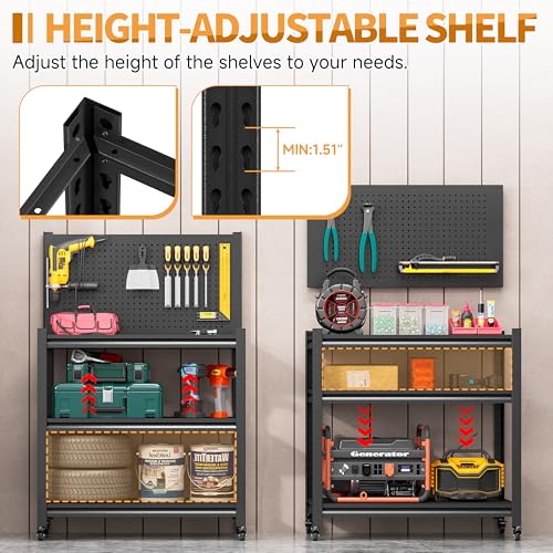 48" H Metal Garage Workbench with Pegboard,3-Tier Roling Tool Work Bench,Adjustable Heavy Duty Work Table on Wheels,Black Mobile Workstation for Garage Warehouse Workshop,Screwless Design