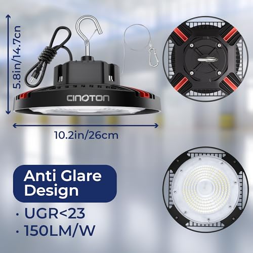 CINOTON 160W UFO LED High Bay Light, Aluminum LED Shop Lights with 24000LM, 5000K Commercial Bay Lighting for Warehouse Garage Workshop Factory, 6' Cable & Safety Rope, ETL Listed 1 Pack
