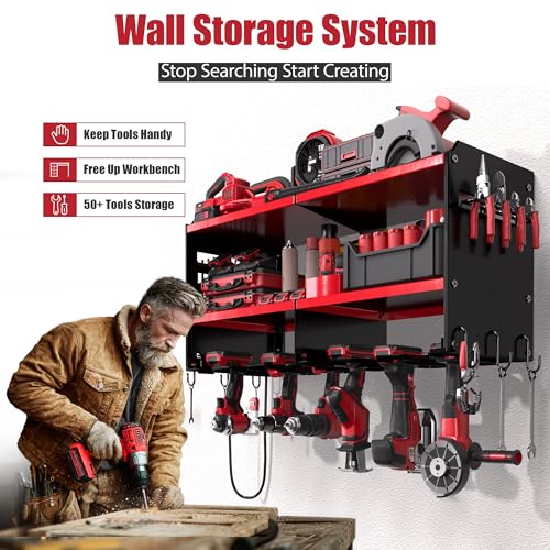 Spampur Fathers Day Gift – Power Tool Organizer Wall Mount with Charging Station, 420 lb Capacity 3-Tier Storage Rack Holds 6 Drills, Side Slots for Screwdrivers & Bits, Garage Storage for Men Gifts