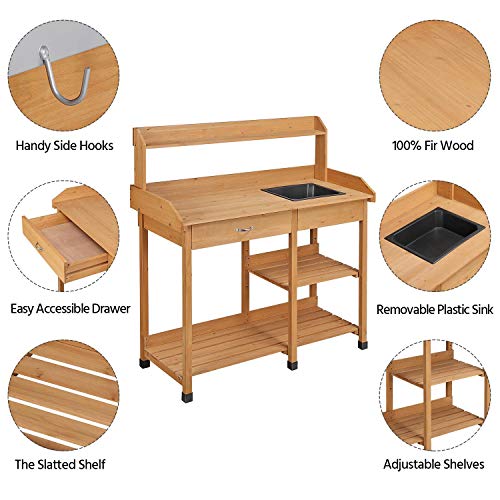 Yaheetech Potting Bench Outdoor Garden Work Bench Station Planting Solid Wood Construction for Horticulture w/Sink Drawer Rack Shelves Natural Wood