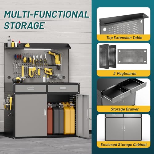 65" Heavy Duty Workbench with Drawers and Lockable Storage Cabinet- 2500 LBS Capacity Work Bench with Pegboard,Work Table with Adjustable LED Light for Garage,Workshop and Repair Shop