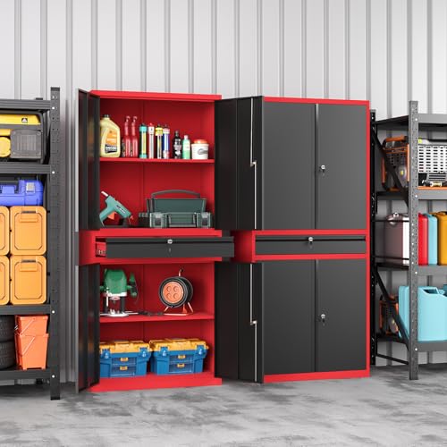 LISSIMO Metal Garage Storage Cabinet with Locking Doors and Drawer, 71" Steel Tool Storage Cabinet with Adjustable Shelves for Garage,Office,Warehouse (Red Black)