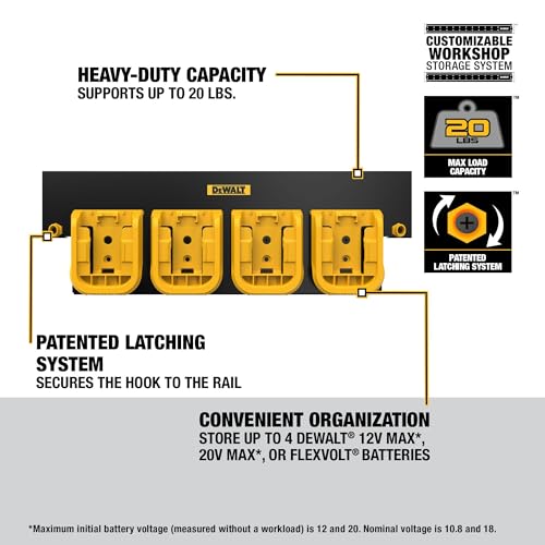 DEWALT Battery Organizer, Holds up to 4 Batteries, Mount Rail, Workshop Storage System Compatible (DWST82819)