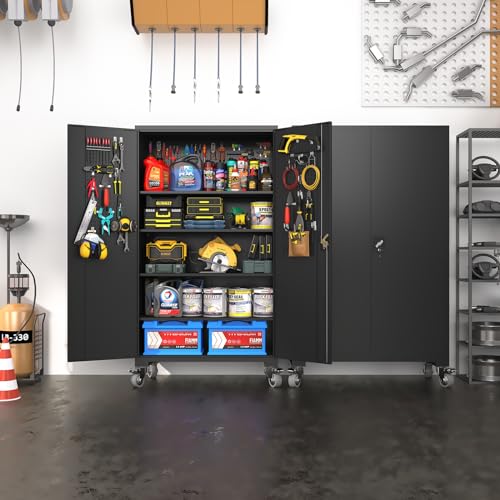 ANTISTA Large Metal Cabinet Two Lockable Doors Four Wheels,Four Adjustable dividers can be Used as Tool File Storage Suitable for garages Schools Gyms Offices
