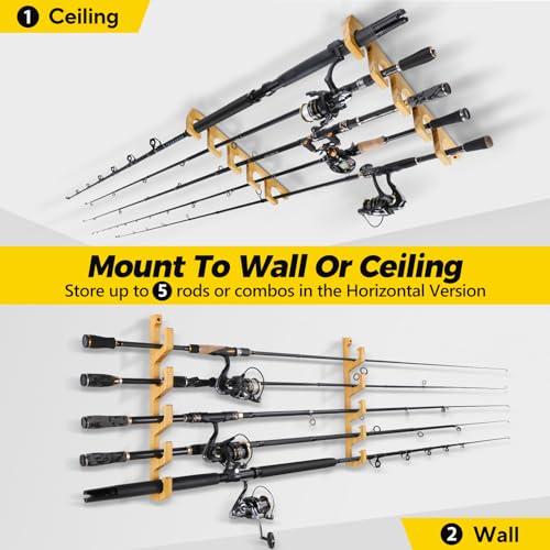 PLUSINNO H5W Horizontal Fishing Rod/Pole Holders for Garage, Wall or Ceiling Mounted Rack, Solid Wood Fishing Rod Holder Holds up to 5/10/20 Rods or Combos Fishing Gear, Gifts for Men