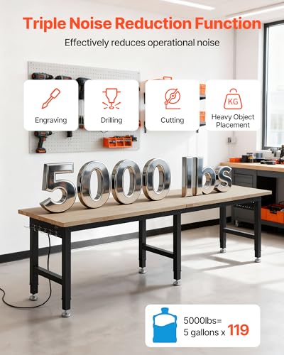 VEVOR Adjustable Workbench, 5000 lbs Capacity, 96 x 24 Inch Oak Wood Top Workstation with 4 AC Outlets & 2 USB Ports, Heavy-Duty Hardwood Worktable for Garage, Workshop, Home, Office, Commercial