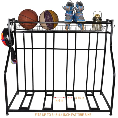LuckySlycyc 4 Bike Rack Garage,4 Bike Stand for Garage,4 Bike Storage Rack,With storage basket adjustable hooks black metal bike stand floor for most 3"- 4" tyres bikes (4 Grids)