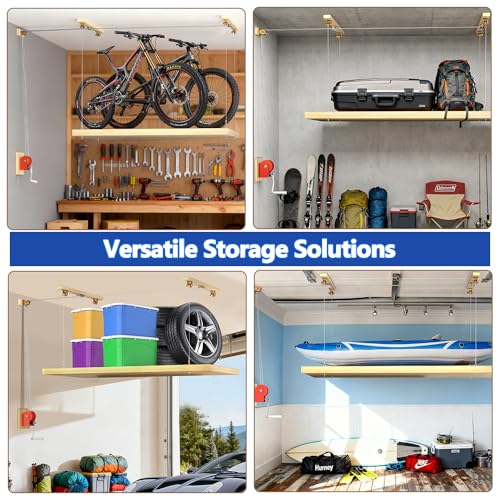 TooTaci Overhead Garage Storage Lift with 3/16 Steel Cable & Winch, Heavy Duty Ceiling Mounted Garage Storage Lift System for Organization, 300lbs Weight, Supports 8-16ft Ceilings (Deck Not Includ)